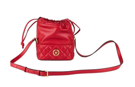 Versace Red Quilted Leather Drawstring Shoulder Bag Bucket Crossbody Handbag - Hilstor