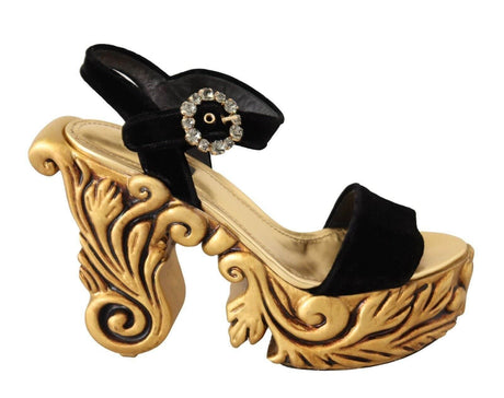 Dolce & Gabbana Black Gold Baroque Velvet Heels Crystal Shoes - Hilstor