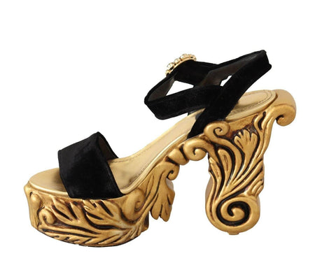 Dolce & Gabbana Black Gold Baroque Velvet Heels Crystal Shoes - Hilstor