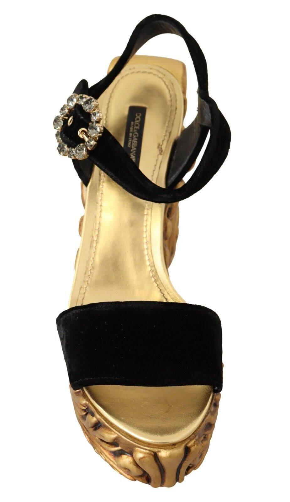 Dolce & Gabbana Black Gold Baroque Velvet Heels Crystal Shoes - Hilstor