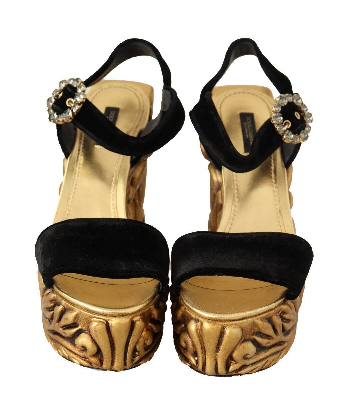Dolce & Gabbana Black Gold Baroque Velvet Heels Crystal Shoes - Hilstor