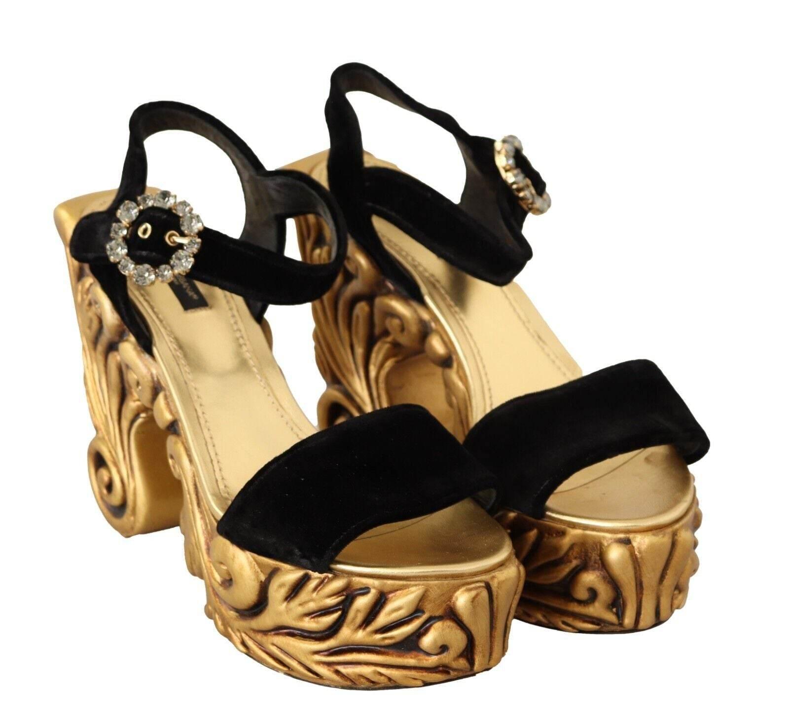 Dolce & Gabbana Black Gold Baroque Velvet Heels Crystal Shoes - Hilstor