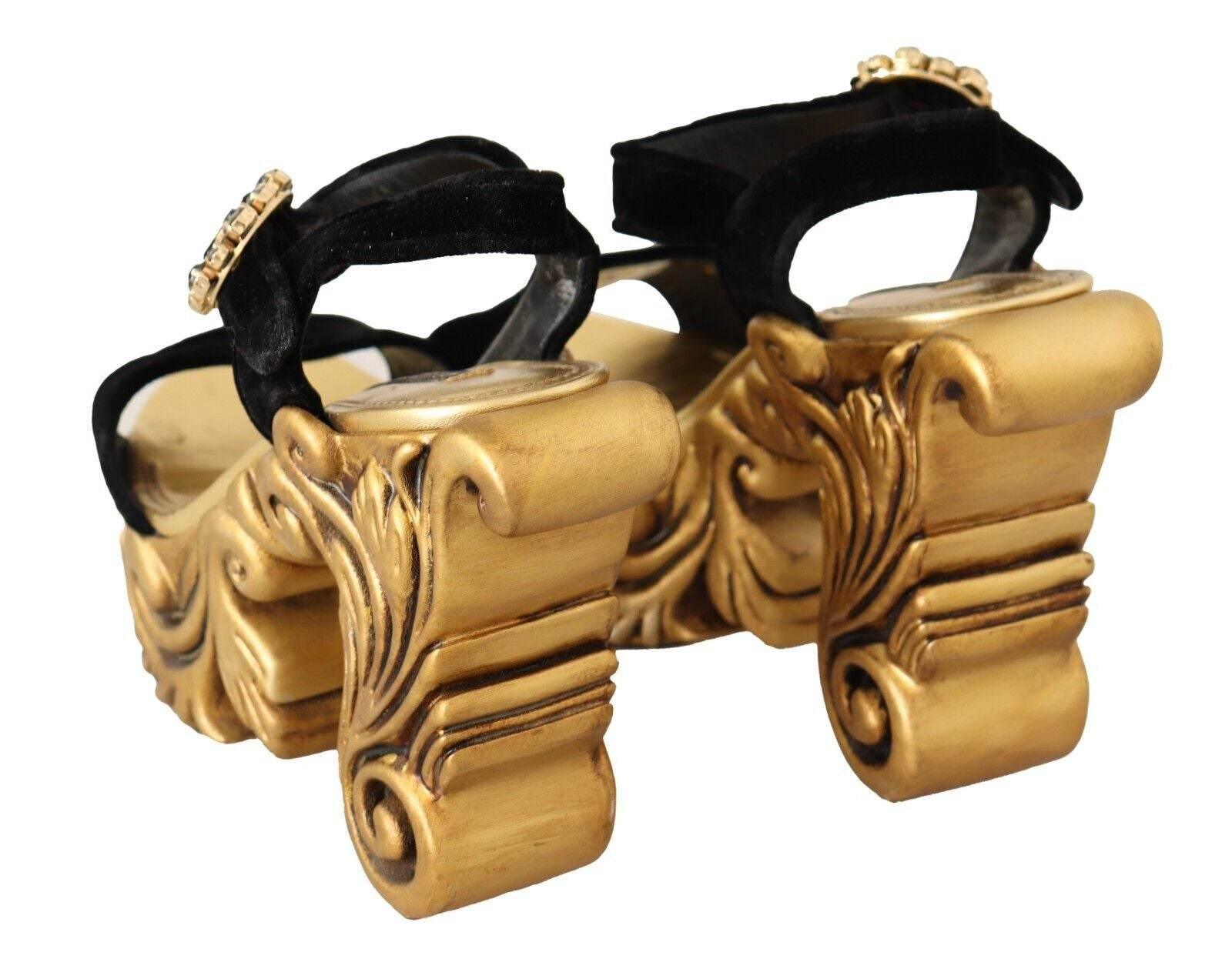 Dolce & Gabbana Black Gold Baroque Velvet Heels Crystal Shoes - Hilstor