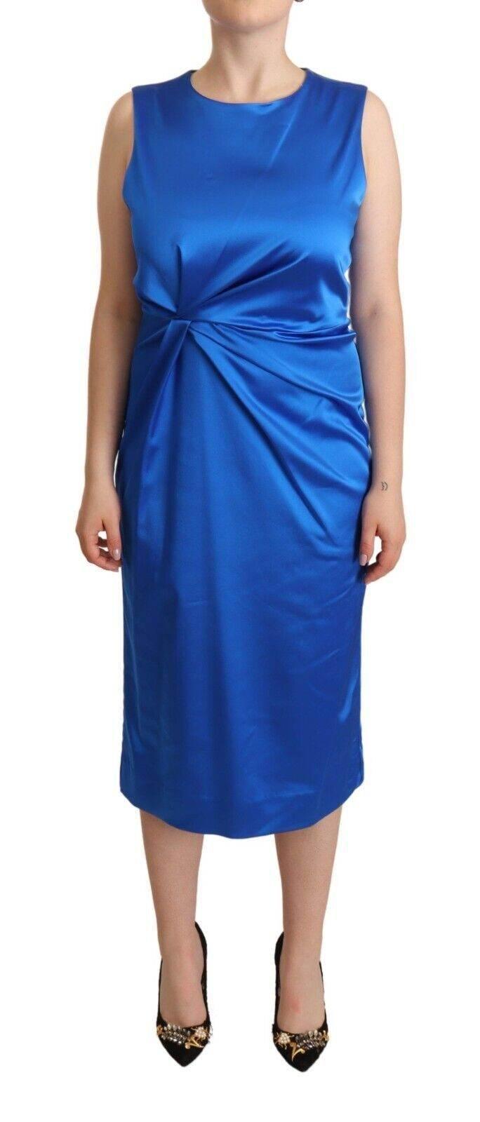 P.A.R.O.S.H. Blue Acetate Sleeveless Pleated Midi Sheath Dress - Hilstor