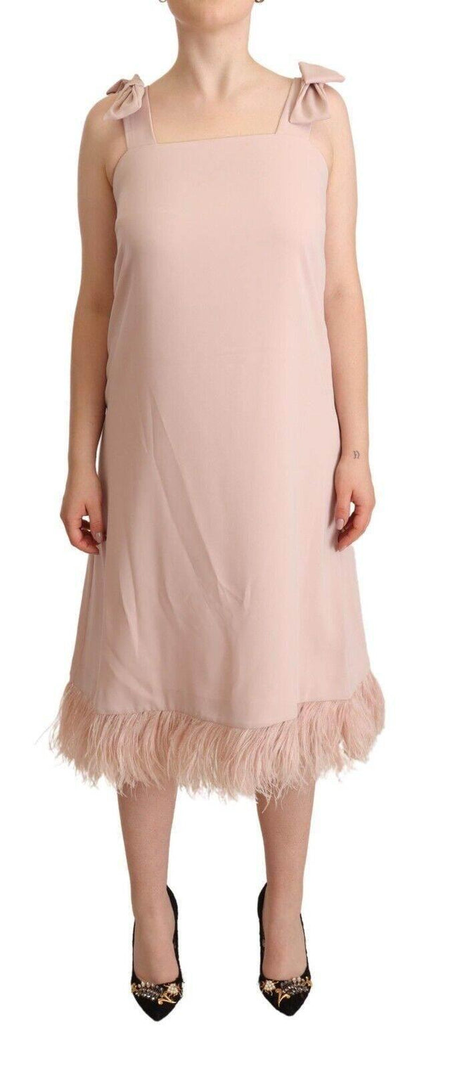 P.A.R.O.S.H. Pink Polyester Sleeveless Midi Feather Shift Dress - Hilstor