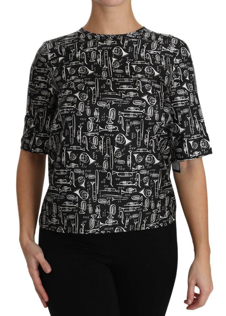 Dolce & Gabbana Black Musical Instruments Print Silk Blouse - Hilstor