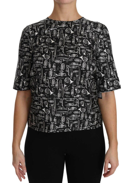 Dolce & Gabbana Black Musical Instruments Print Silk Blouse - Hilstor