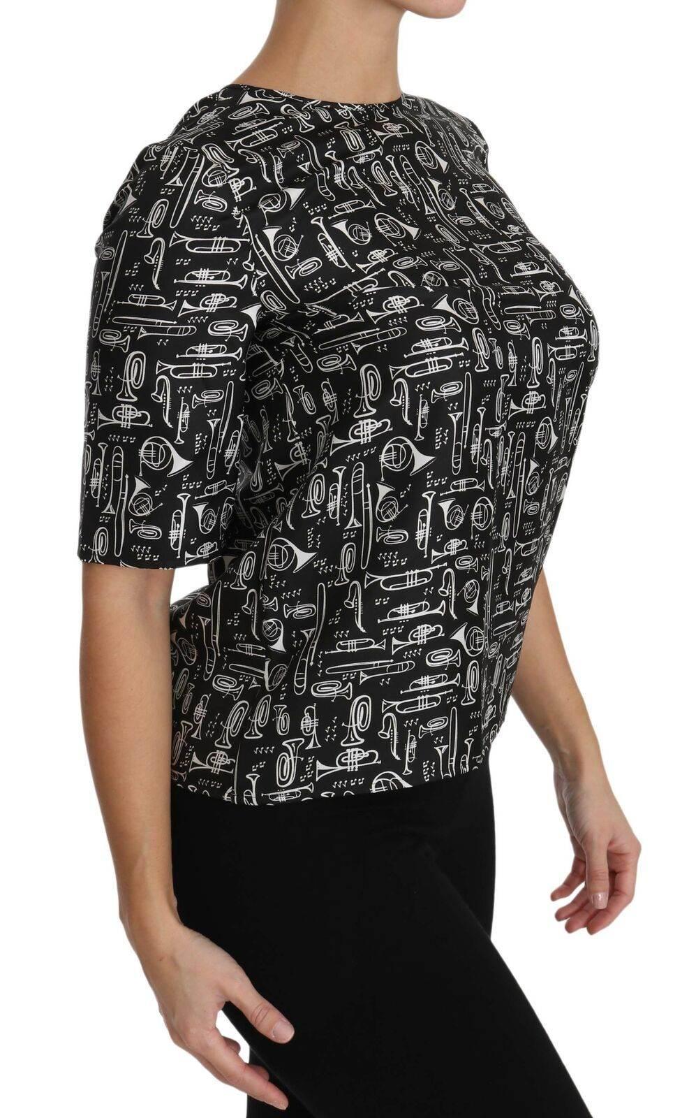 Dolce & Gabbana Black Musical Instruments Print Silk Blouse - Hilstor