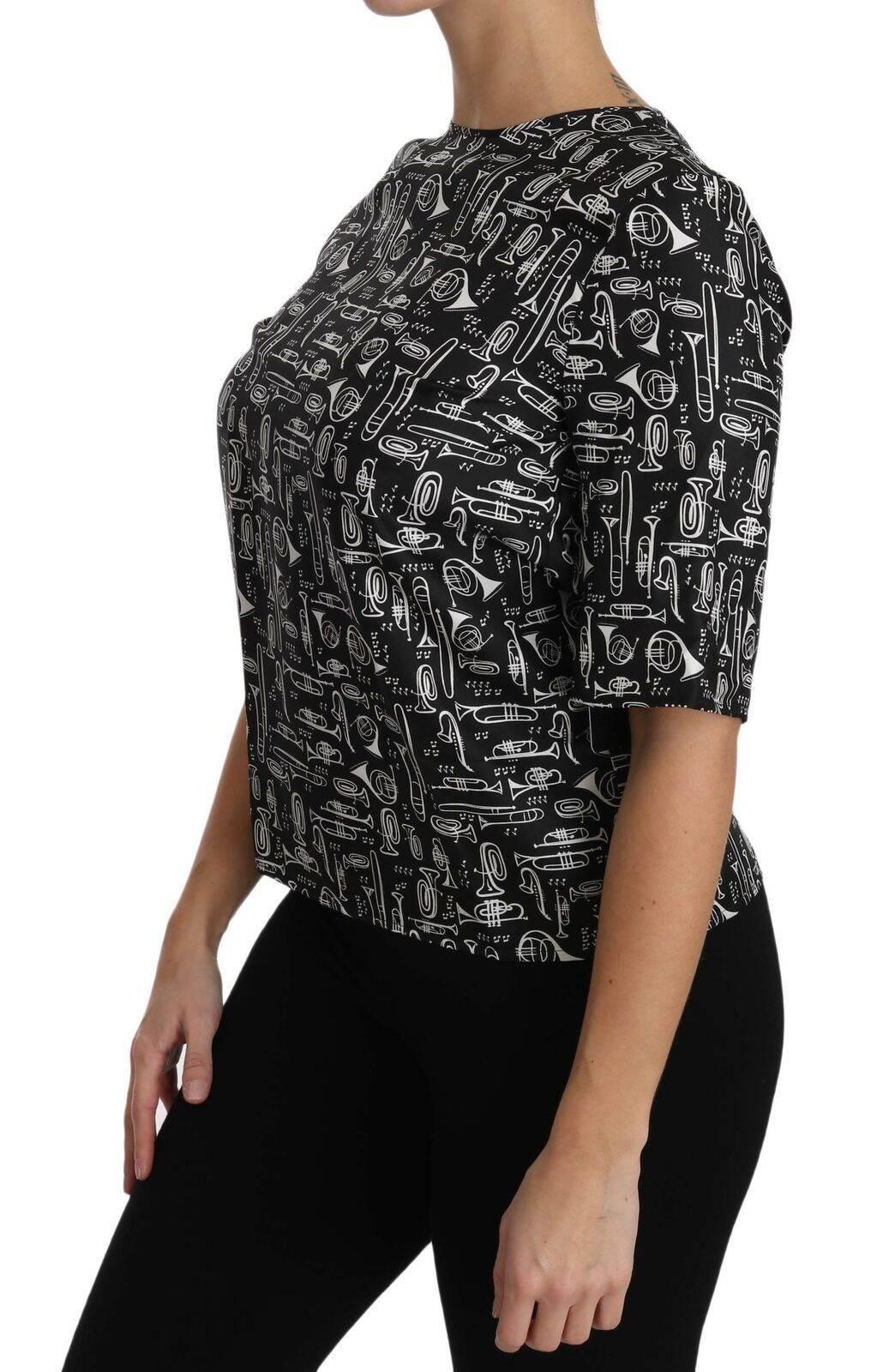 Dolce & Gabbana Black Musical Instruments Print Silk Blouse - Hilstor