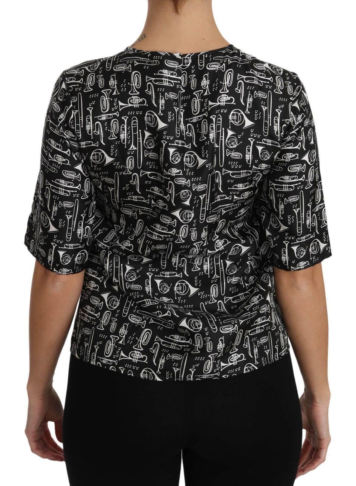 Dolce & Gabbana Black Musical Instruments Print Silk Blouse - Hilstor