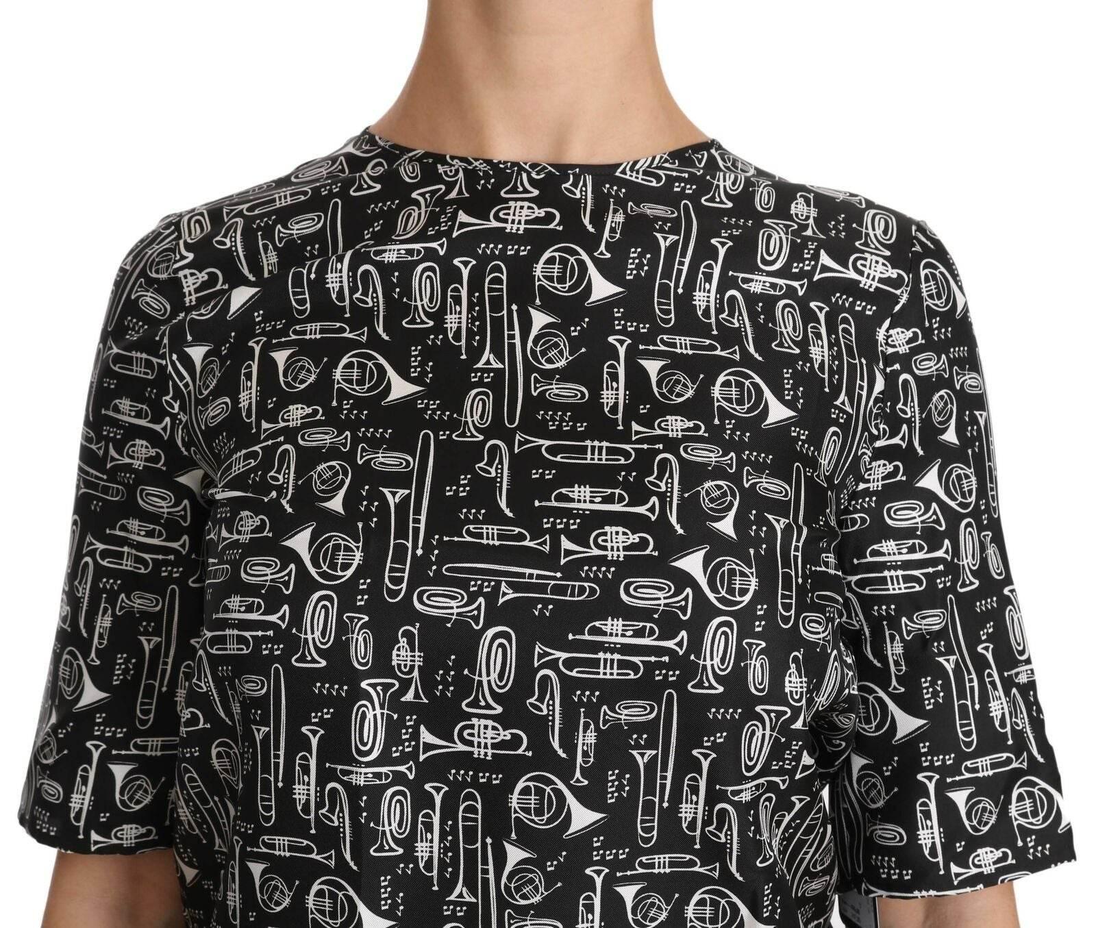 Dolce & Gabbana Black Musical Instruments Print Silk Blouse - Hilstor