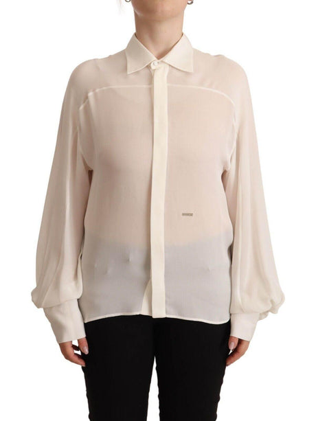 Dsquared² Off White Silk Long Sleeves Collared Blouse Top - Hilstor