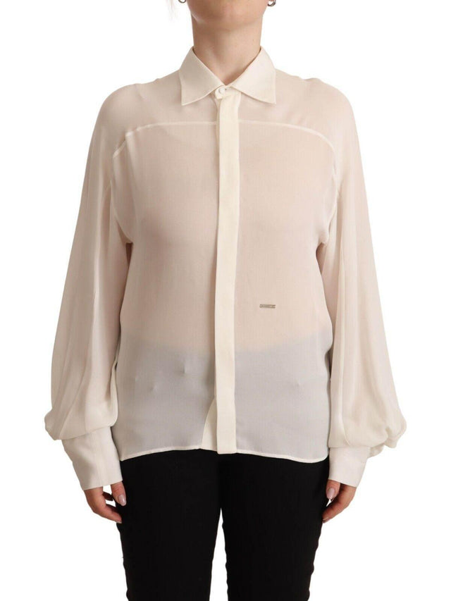 Dsquared² Off White Silk Long Sleeves Collared Blouse Top - Hilstor