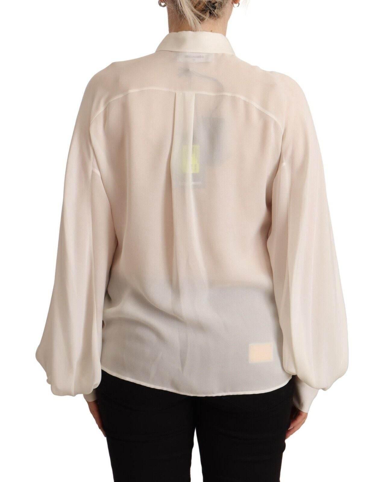 Dsquared² Off White Silk Long Sleeves Collared Blouse Top - Hilstor