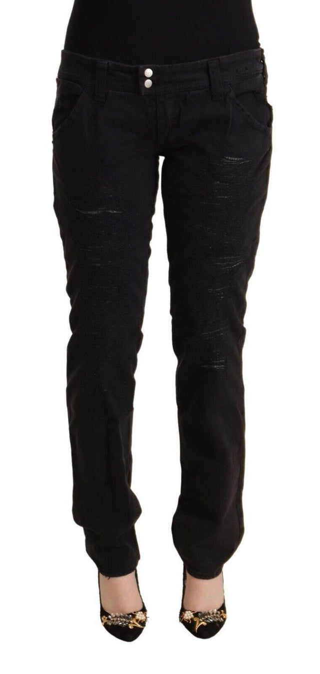 CYCLE Black Cotton Distressed Low Waist Slim Fit Denim Jeans - Hilstor