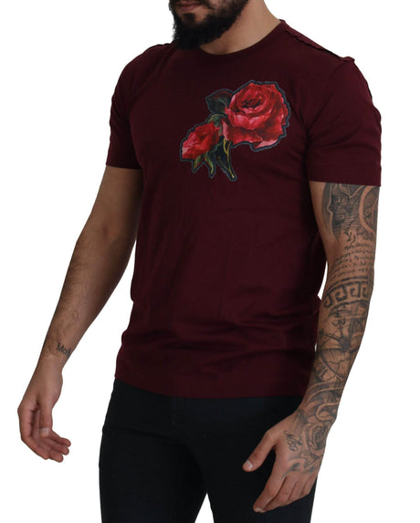 Dolce & Gabbana Bordeaux Roses Cotton Crewneck T-shirt - Hilstor