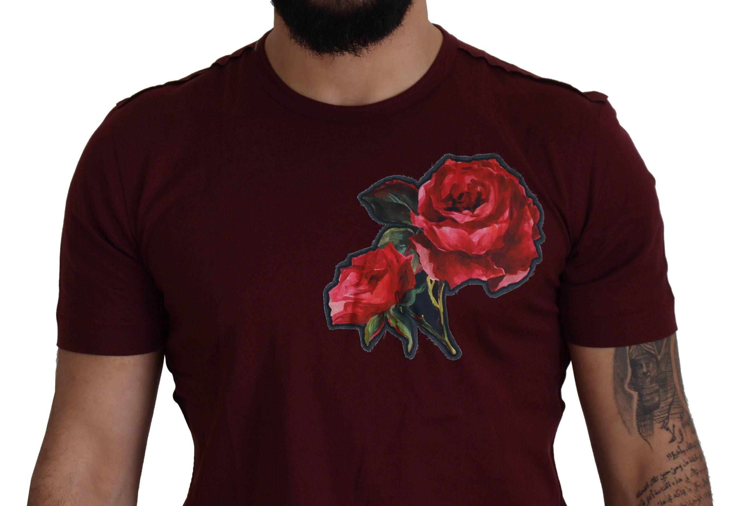Dolce & Gabbana Bordeaux Roses Cotton Crewneck T-shirt - Hilstor