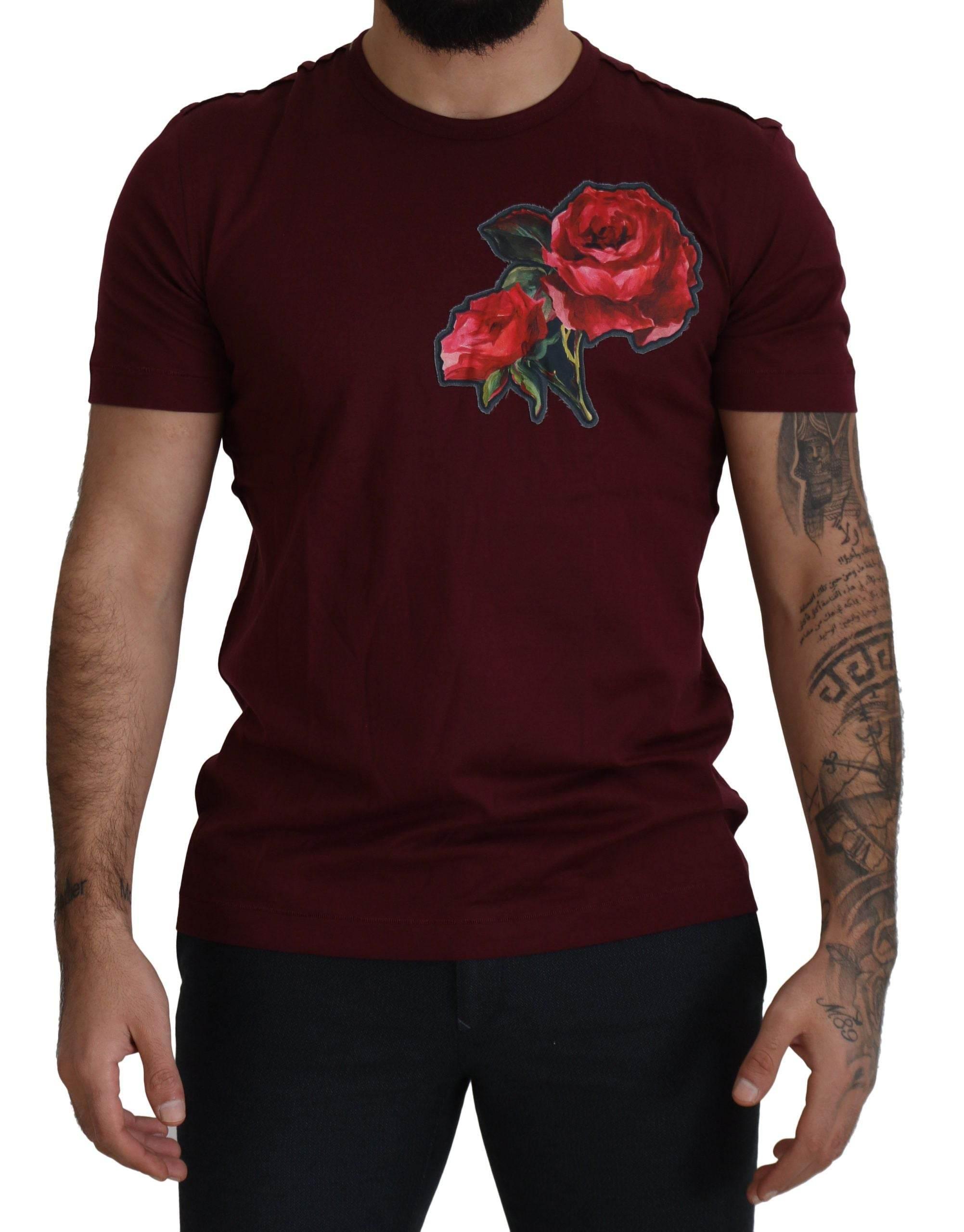 Dolce & Gabbana Bordeaux Roses Cotton Crewneck T-shirt - Hilstor