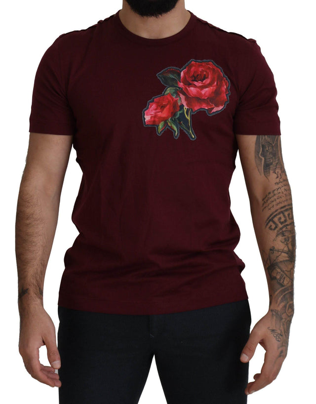 Dolce & Gabbana Bordeaux Roses Cotton Crewneck T-shirt - Hilstor