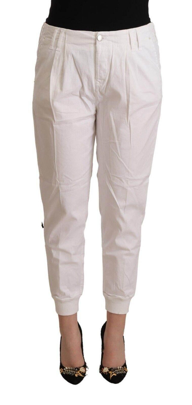 Met White Cotton Mid Waist Tapered Cropped Pants - Hilstor