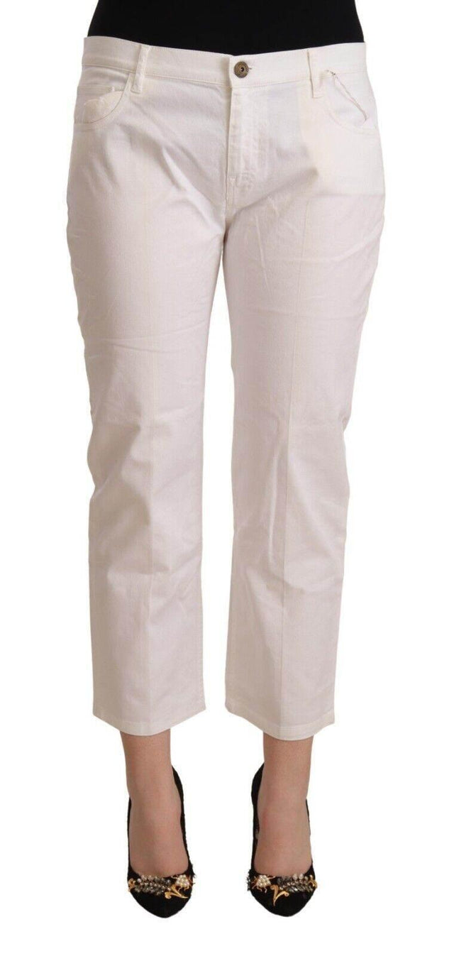 L'Autre Chose White Cotton Mid Waist Cropped Denim Jeans - Hilstor