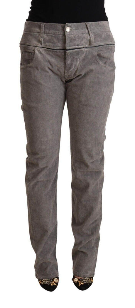 Acht Gray Cotton Straight Fit High Waist Pants - Hilstor