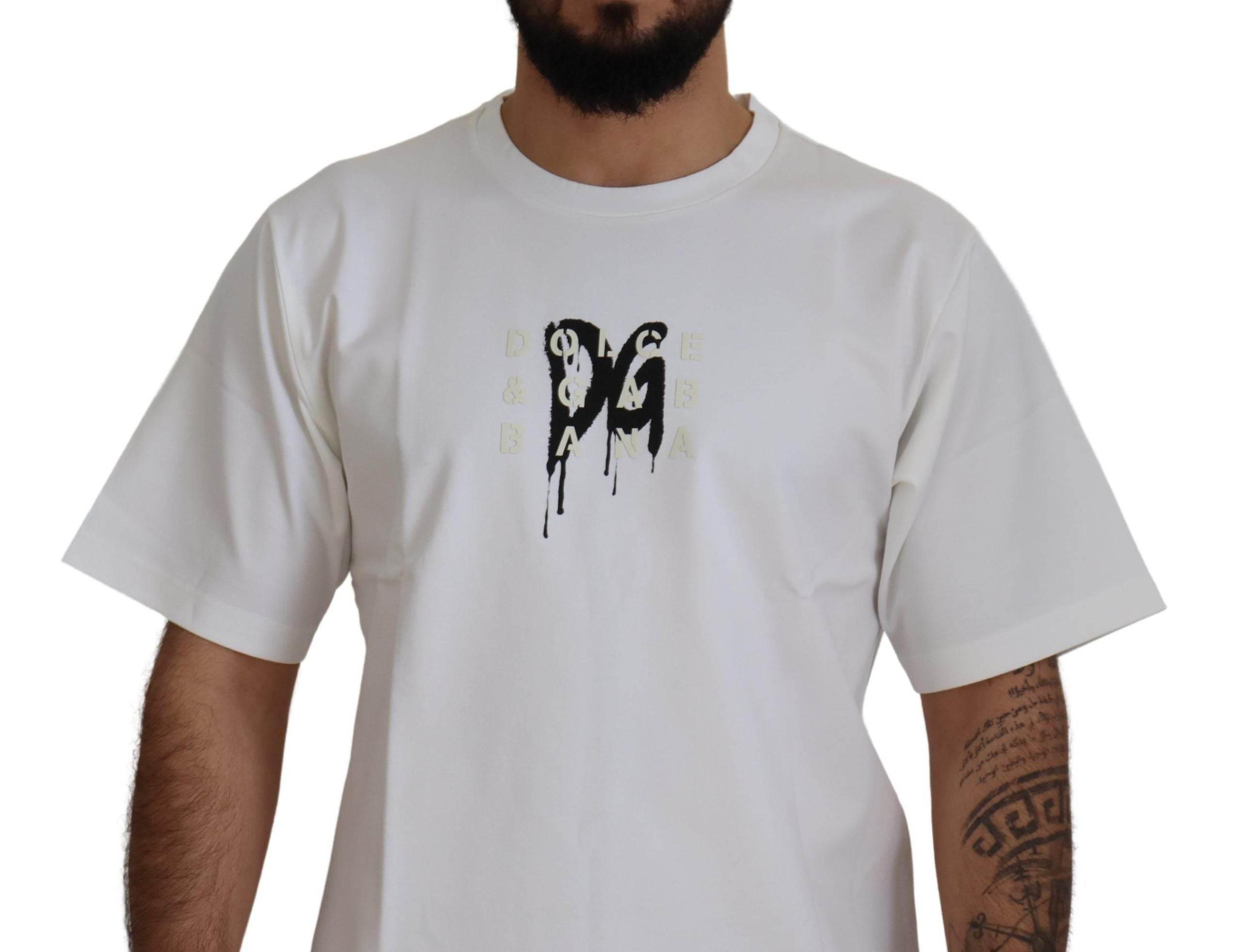 Dolce & Gabbana White Logo Print Cotton Crewneck T-shirt - Hilstor