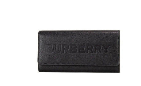 Burberry Porter Black Grained Leather Branded Logo Embossed Clutch Flap Wallet - Hilstor