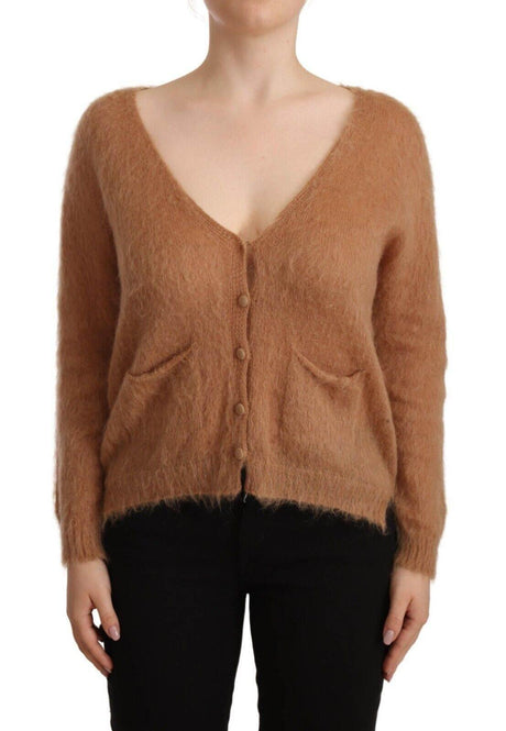 PINK MEMORIES Brown Cardigan V-Neck Long Sleeve Sweater - Hilstor
