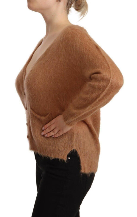 PINK MEMORIES Brown Cardigan V-Neck Long Sleeve Sweater - Hilstor