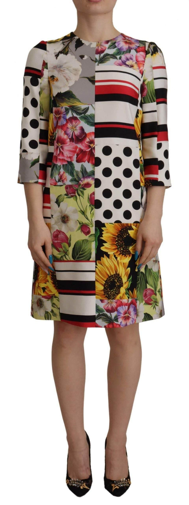 Dolce & Gabbana Multicolor Charmeuse Floral Sheath Jaquard Pachwork Dress - Hilstor