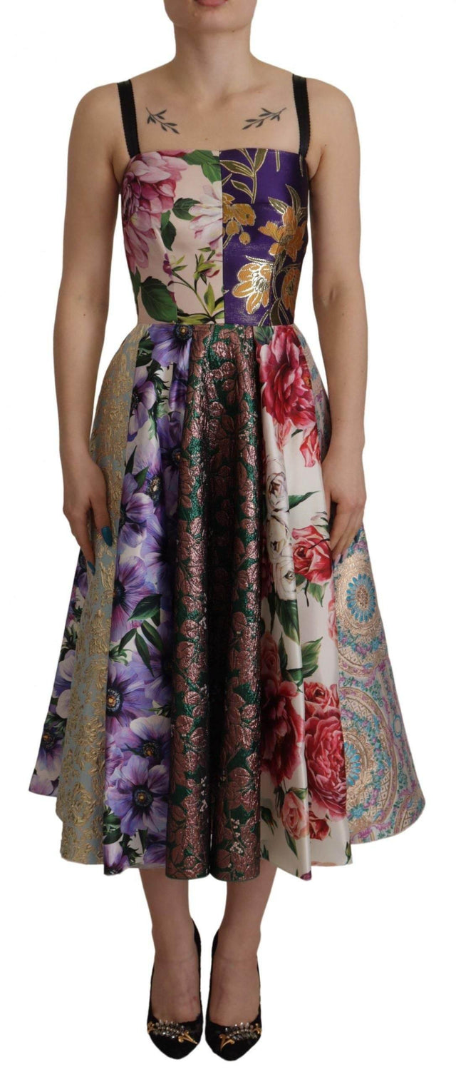 Dolce & Gabbana Dress Midi Patchwork Floral Jaquard Silk - Hilstor