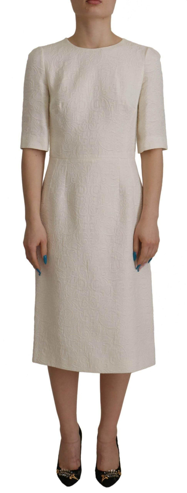 Dolce & Gabbana White Jaquard Midi Floral Sheath Brocade Dress - Hilstor