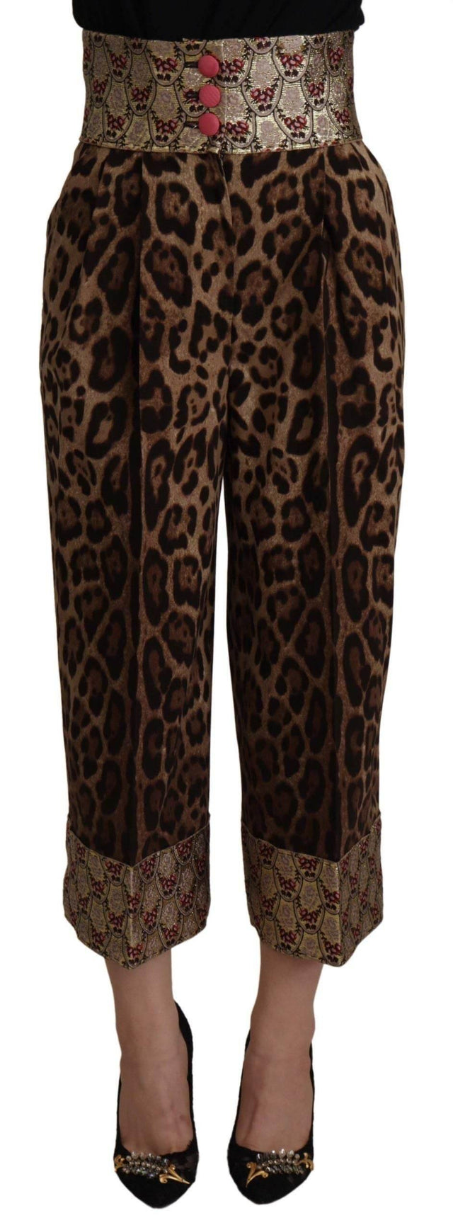 Dolce & Gabbana Brown Leopard Gold Jacquard High Waist Pants - Hilstor