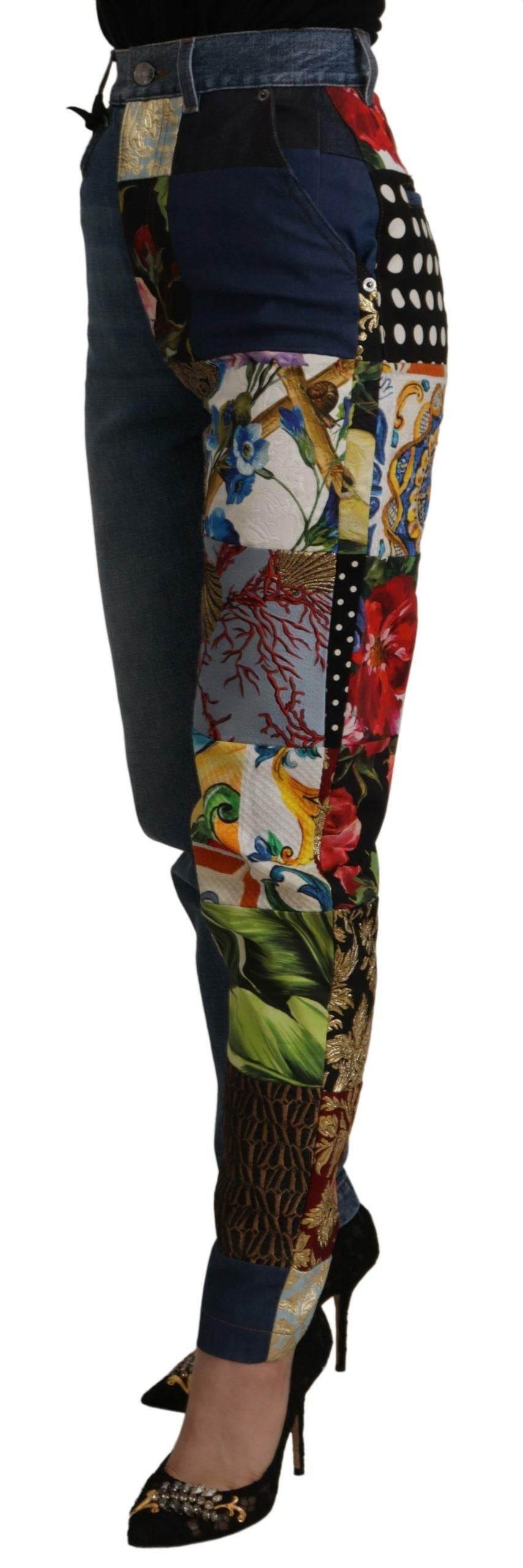 Dolce & Gabbana Blue Jeans Jacquard Majolica High Waist Pants - Hilstor