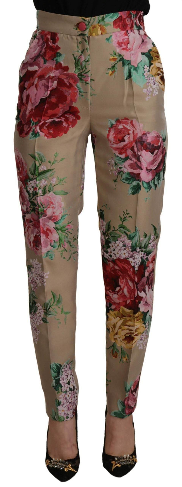 Dolce & Gabbana Beige Floral Dress Formal High Waist Pants - Hilstor