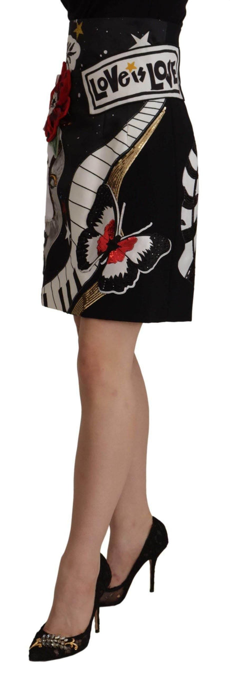 Dolce & Gabbana High-Waist A-Line Embellished Black Skirt - Hilstor