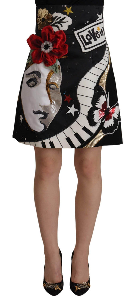 Dolce & Gabbana High-Waist A-Line Embellished Black Skirt - Hilstor