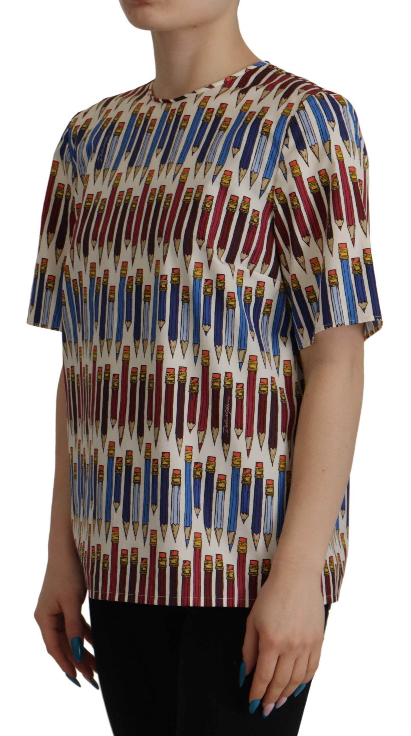 Dolce & Gabbana White Pencil Print Cotton T-shirt Blouse - Hilstor