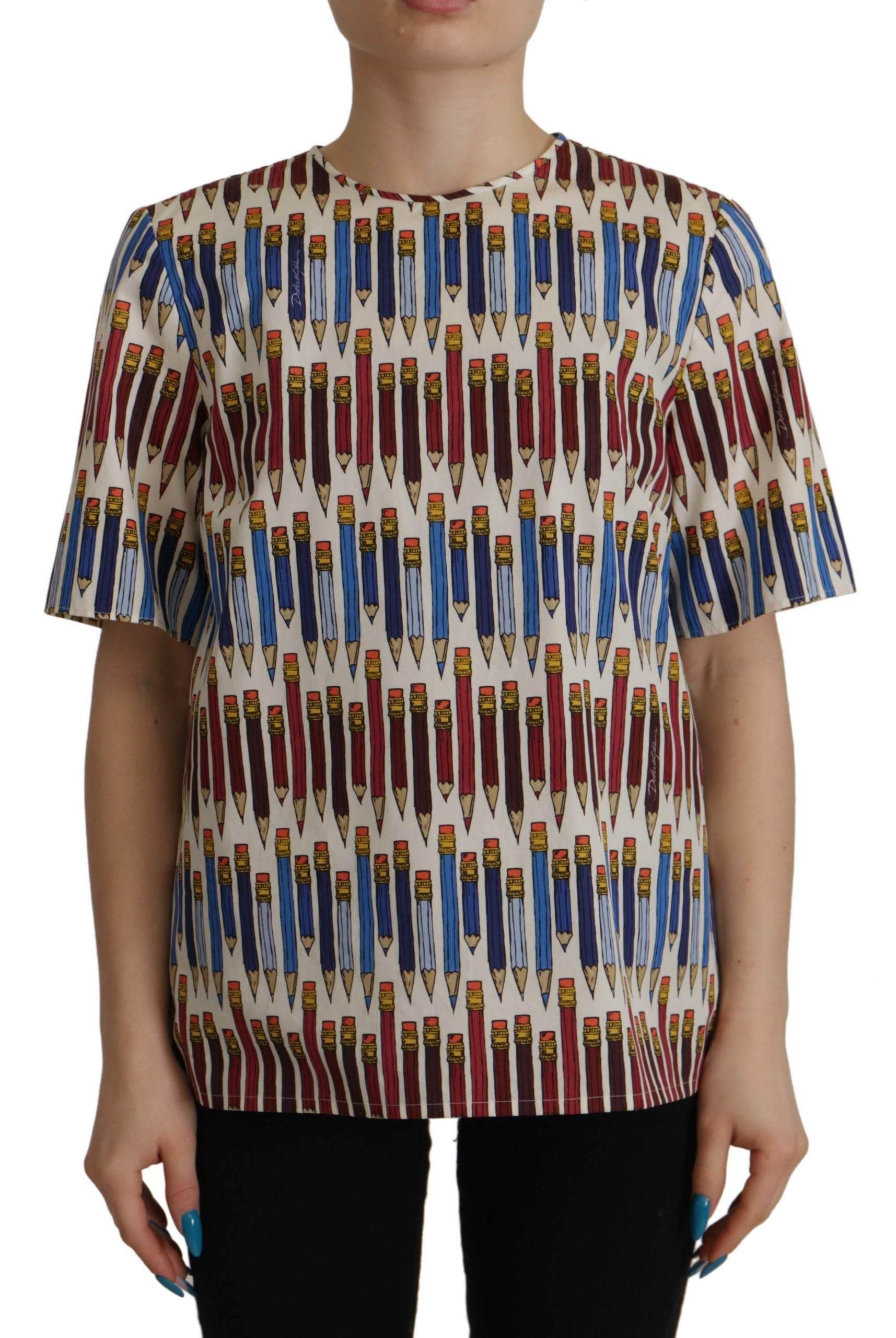 Dolce & Gabbana White Pencil Print Cotton T-shirt Blouse - Hilstor