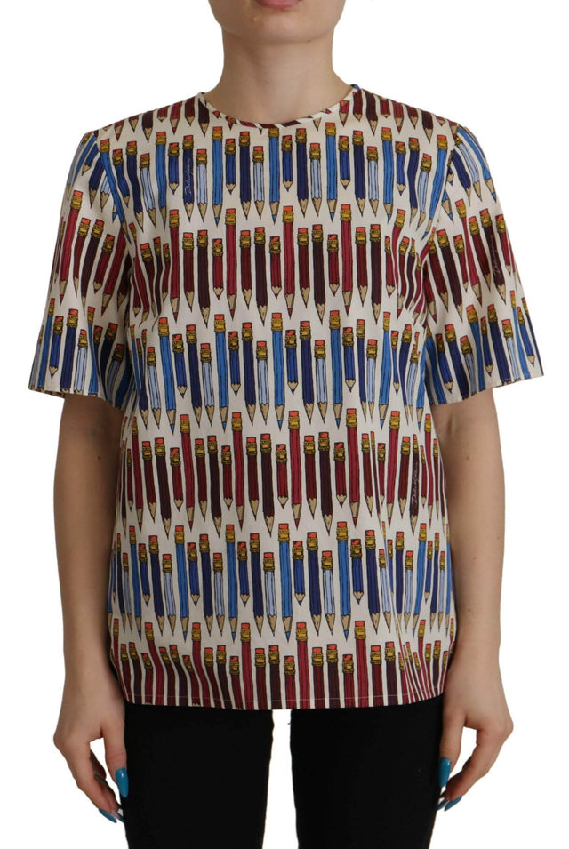 Dolce & Gabbana White Pencil Print Cotton T-shirt Blouse - Hilstor