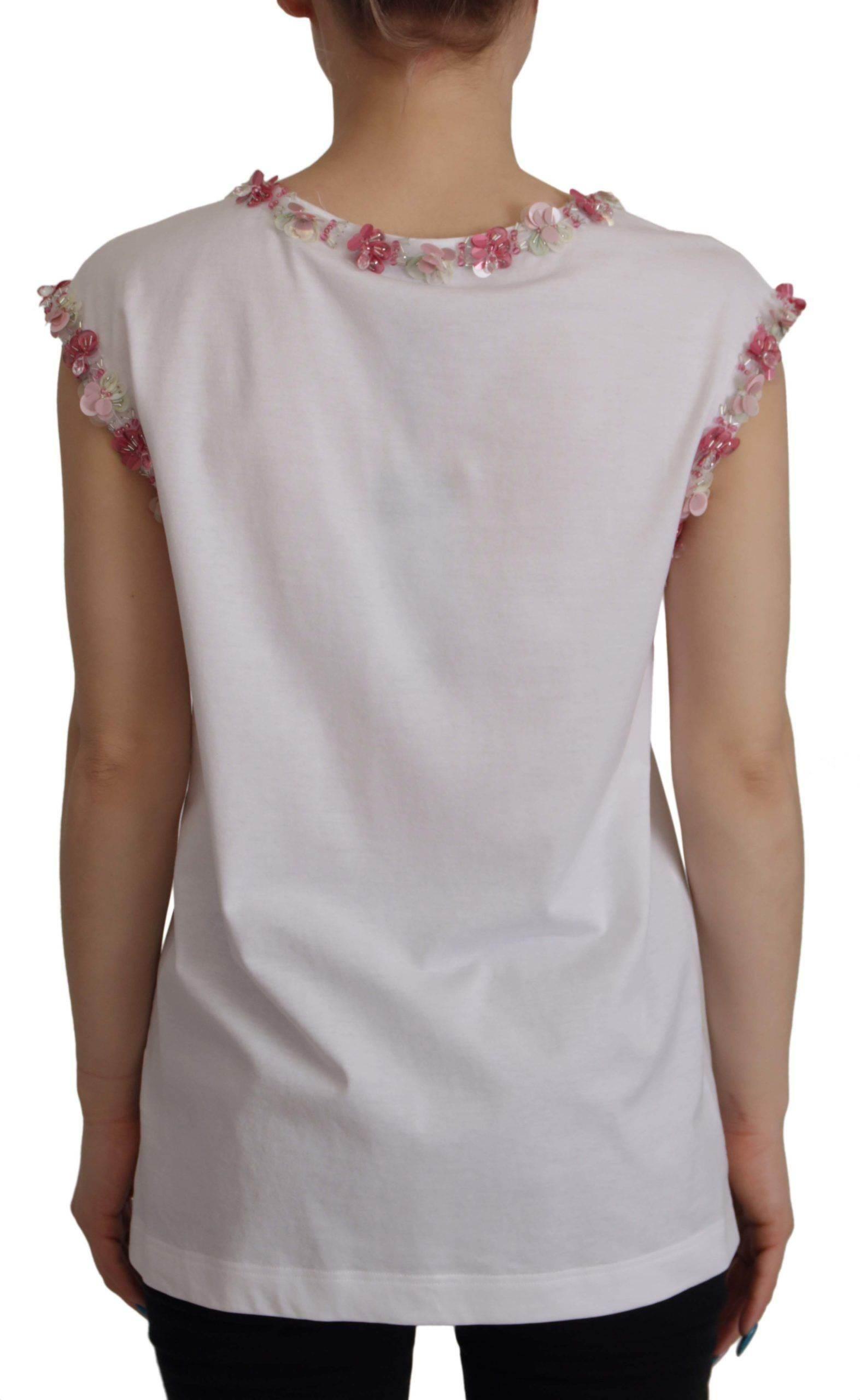 Dolce & Gabbana White DG Crown Floral Sequin T-shirt - Hilstor