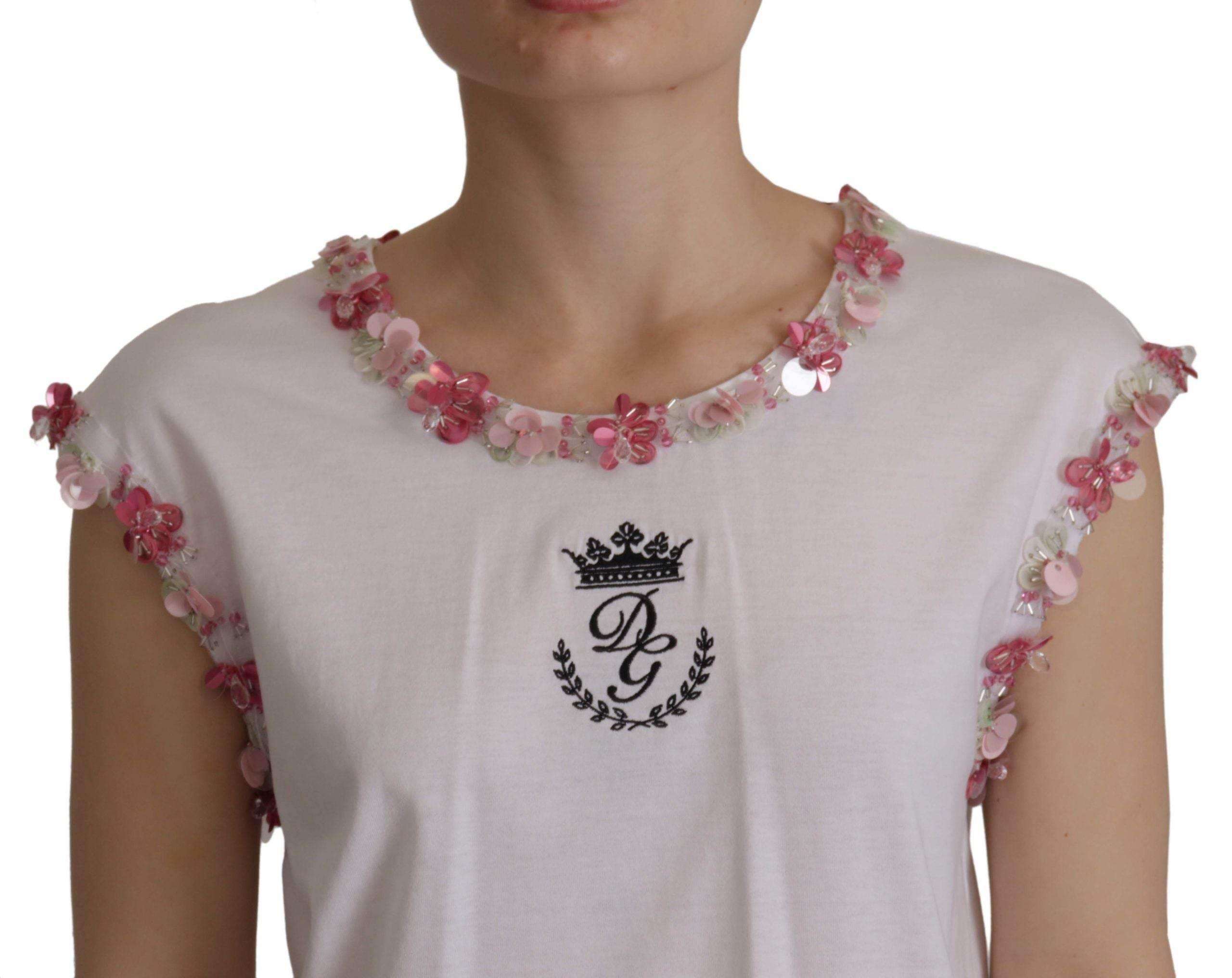 Dolce & Gabbana White DG Crown Floral Sequin T-shirt - Hilstor
