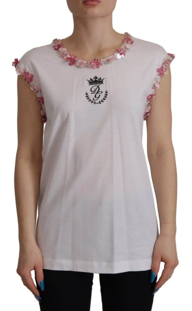Dolce & Gabbana White DG Crown Floral Sequin T-shirt - Hilstor