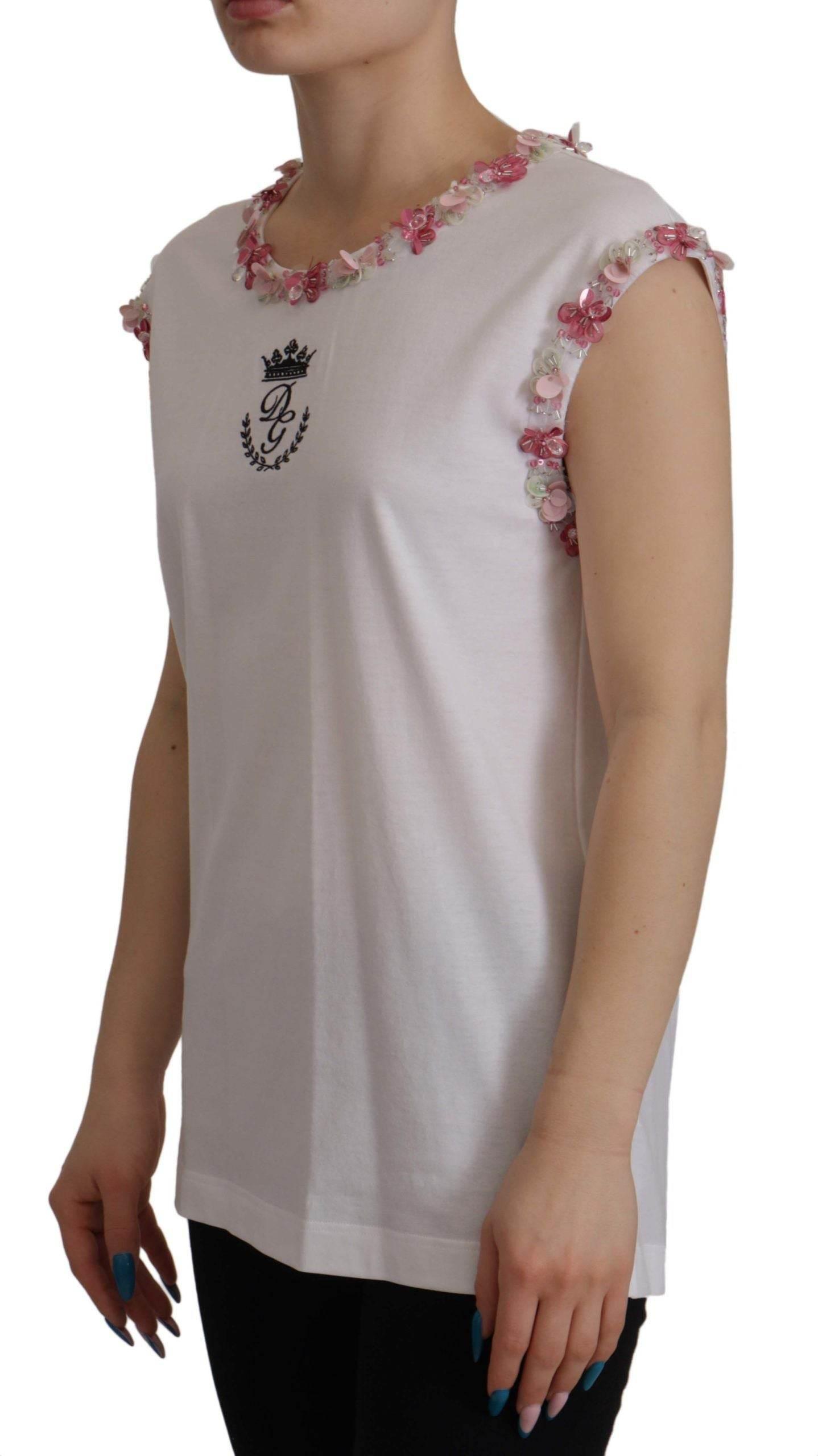 Dolce & Gabbana White DG Crown Floral Sequin T-shirt - Hilstor