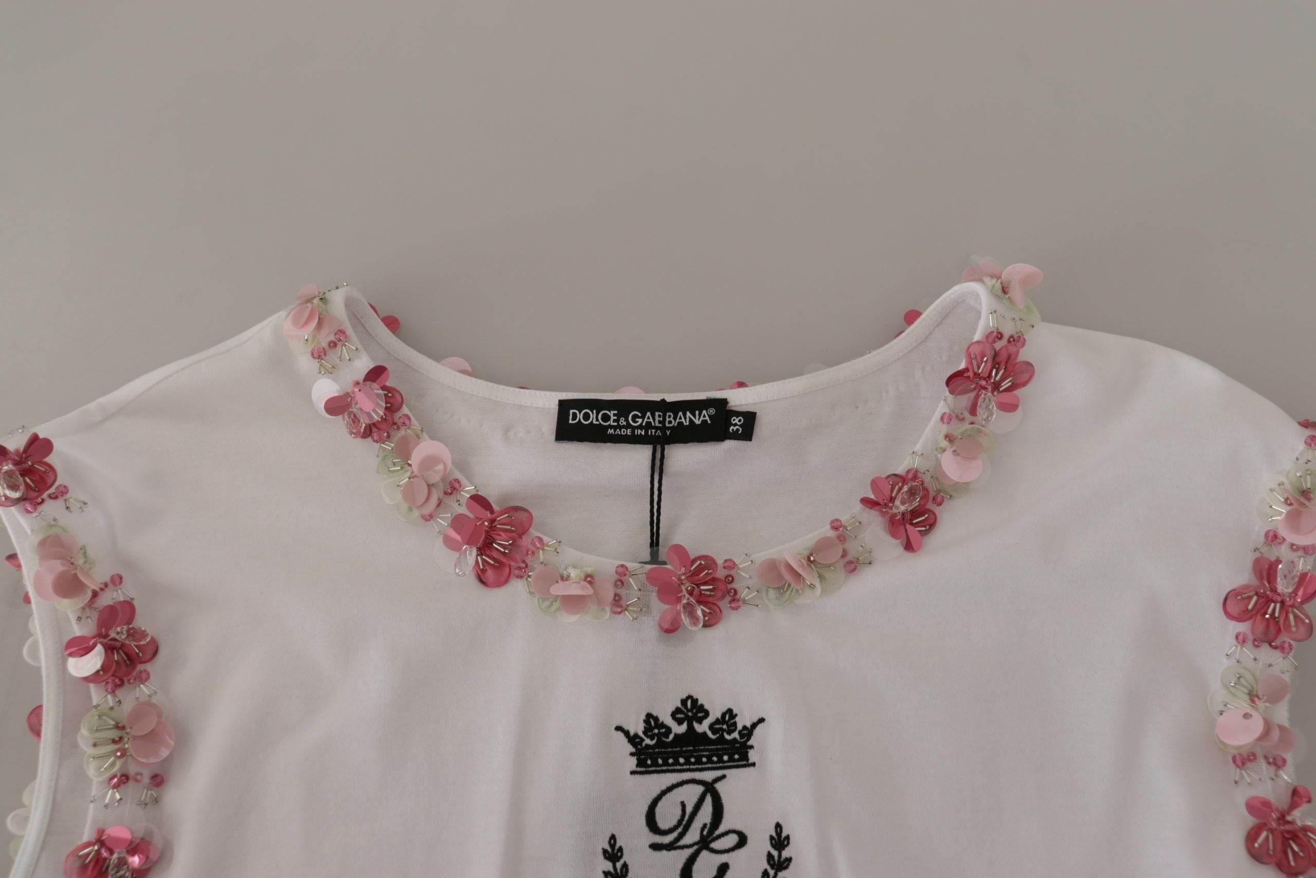 Dolce & Gabbana White DG Crown Floral Sequin T-shirt - Hilstor