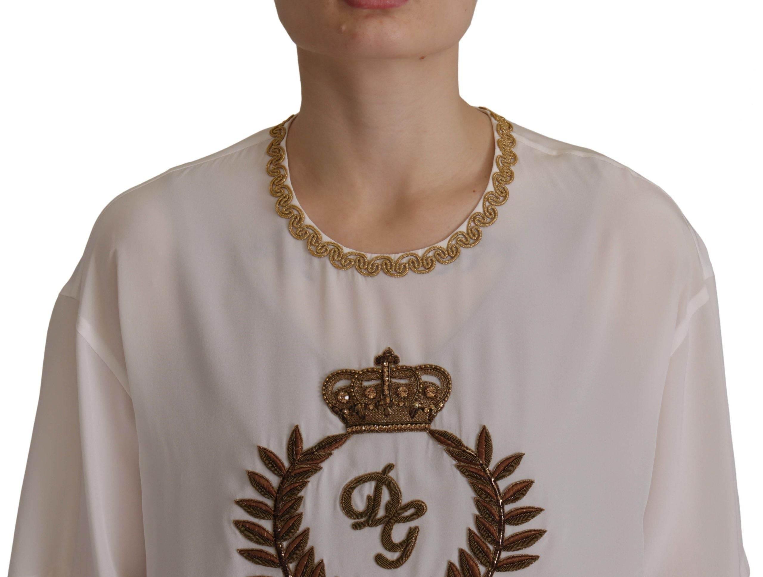 Dolce & Gabbana White Silk Gold DG Crown Crystal Blouse Top - Hilstor