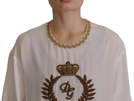 Dolce & Gabbana White Silk Gold DG Crown Crystal Blouse Top - Hilstor