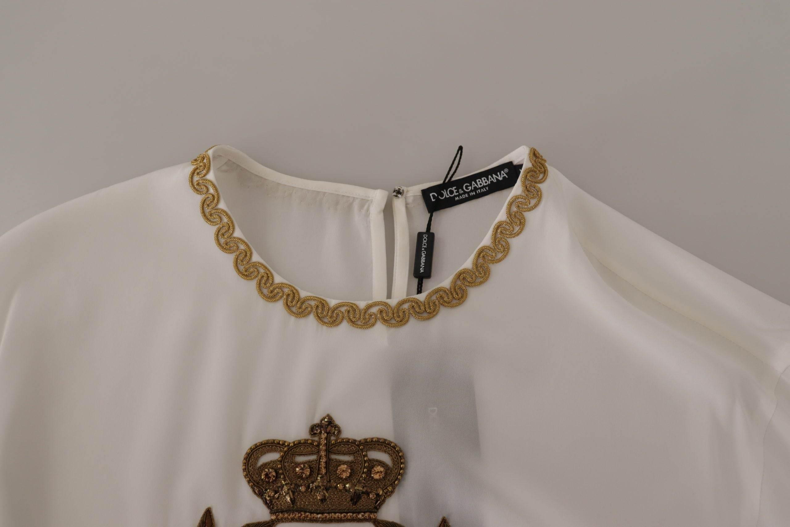 Dolce & Gabbana White Silk Gold DG Crown Crystal Blouse Top - Hilstor
