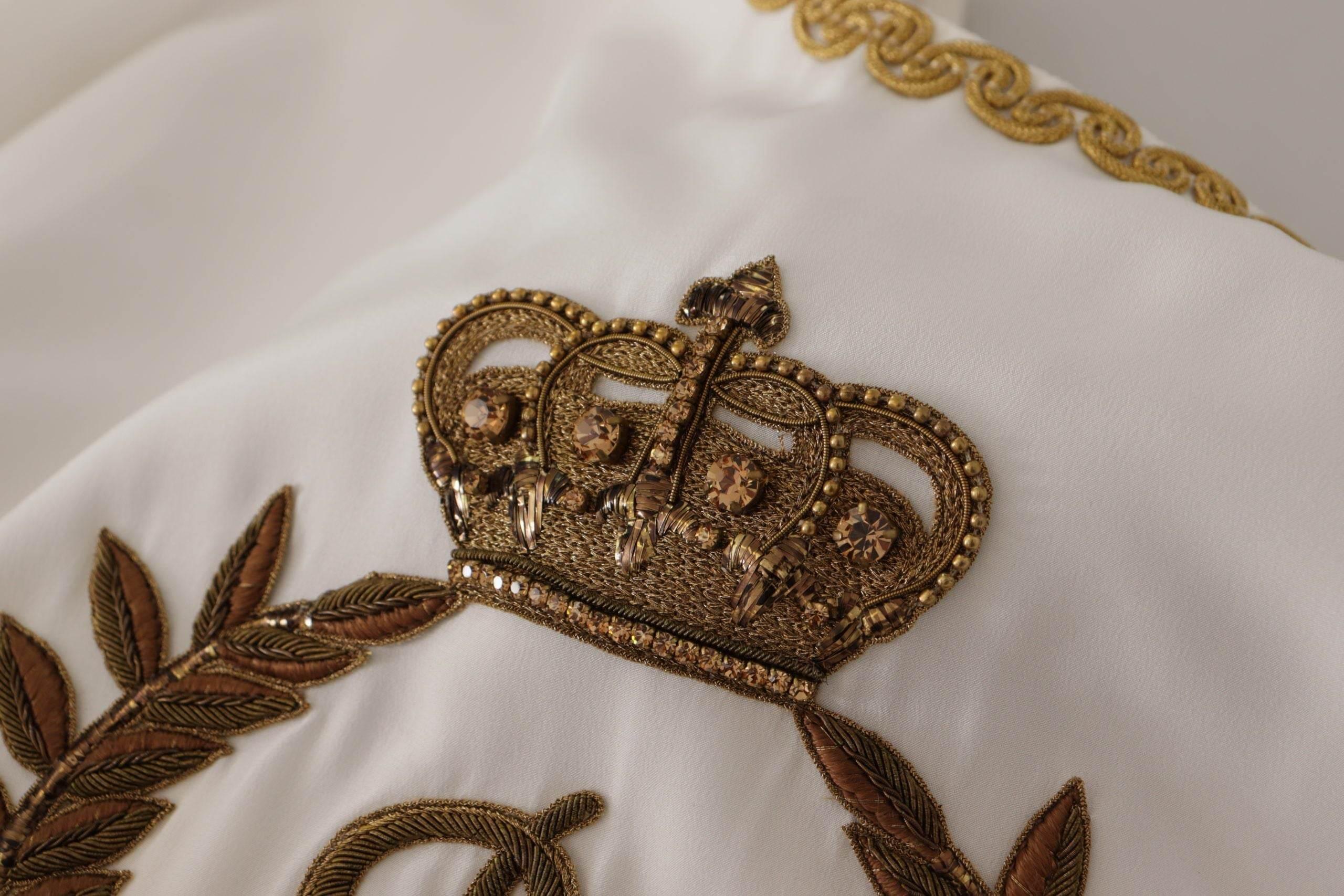 Dolce & Gabbana White Silk Gold DG Crown Crystal Blouse Top - Hilstor